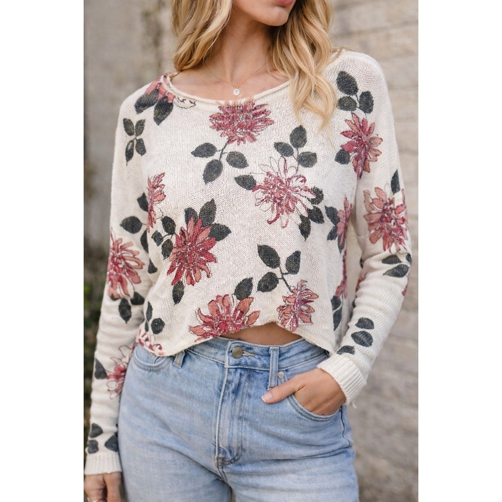 Altar'd State Floral Open Knit Sweater Cream Pink Long Sleeve Size S